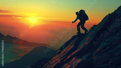 Conquering the Summit: Climbing a Majestic Mountain at Sunset