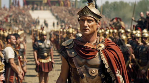 Ancient Roman warlord like Julius Caesar on army background, soldiers and general in Rome city. Concept of military, warrior, Empire, history, war, victory