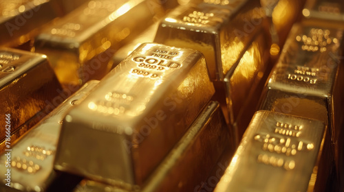 Gold bars background, many golden ingots in bank vault, shiny bricks or blocks close-up. Concept of money, wealth, finance, bullion, trade