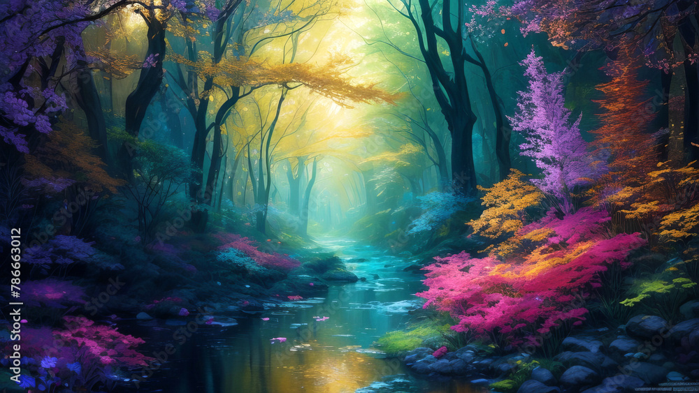 Fototapeta premium A Vibrant, Whimsical Fantasy Painting Depicting Vibrant Jewel-Toned Colorful Enchanted Fantasy Forest with a River and Lavish Flowers