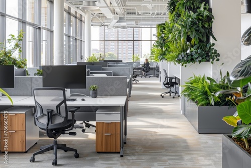 Vibrant Open Plan Office with Employees and Greenery photo