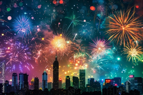 Explosive Fireworks Display Against Metropolitan Skyline at Night