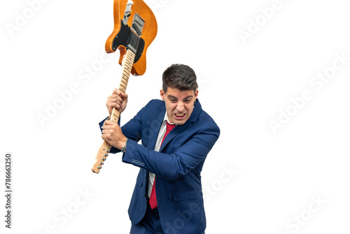 Enraged Businessman Smashing Electric Guitar white background