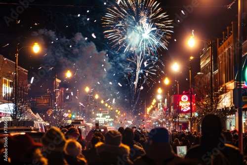 Festive Fireworks Overhead in New Year's Street Celebration