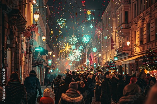 Urban New Year Fireworks Display Amidst Crowd photo