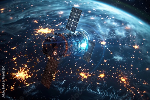 Experience the tranquility of a satellite gracefully orbiting Earth, offering a breathtaking view of continents and oceans below. This serene scene symbolizes the cutting-edge technology and seamless 