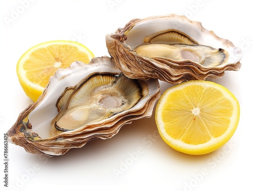 Opened Oysters on white background. Close-up.