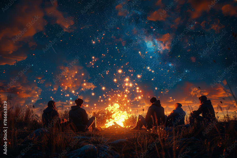 Friends gathered around a bonfire, roasting marshmallows and sharing stories under the night sky. Concept of friendship and bonding. Generative Ai.