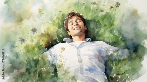 watercolor illustration of a relaxing scene with a young man lying happily in a field of wildflowers  photo