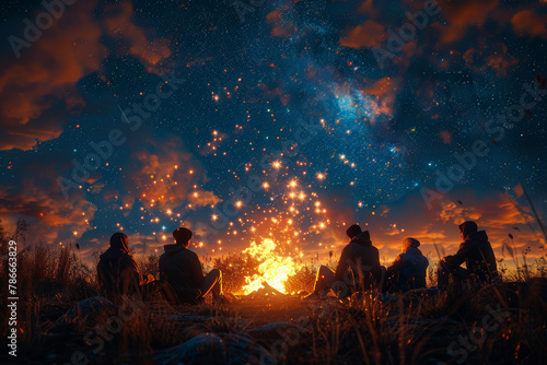 Friends gathered around a bonfire, roasting marshmallows and sharing stories under the night sky. Concept of friendship and bonding. Generative Ai.