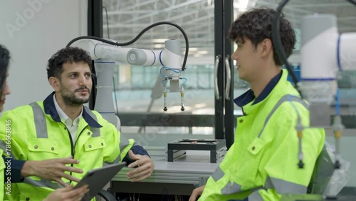 Group of multiethnic engineer researching and developing a robotics arm in scientific technology laboratory. Technician examining Industrial robot machine. Automated and manufacturing factory concepts