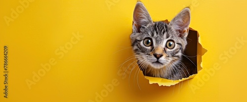Beautiful cute cat peeks out of the hole on a yellow background with copy space for text. A grey tabby American Shorthair Cat peeking through the paper cutout hole on a bright colorful background photo