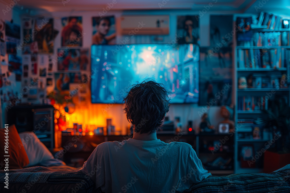 A movie buff binge-watching their favorite films from the comfort of their couch, escaping into cinematic worlds. Concept of entertainment and escapism. Generative Ai.