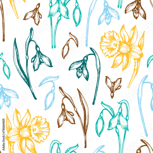 Vintage seamless pattern with snowdrops and daffodil. © artspace