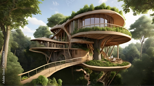 The sustainable treehouse, nestled among the branches, epitomizes eco-friendly architecture and harmony with nature - AI