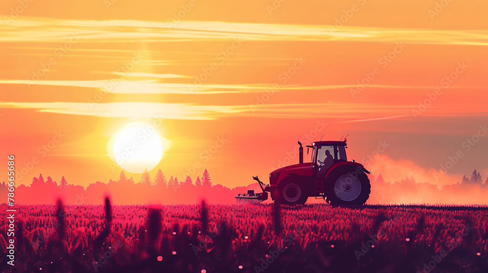 Fototapeta premium irrigation tractor driving spraying or harvesting an agricultural crop at sunset with information infographic data datum as banner design for agriculture industry 