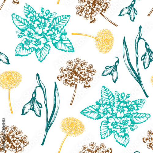 Vintage seamless pattern with snowdrops and primroses © artspace