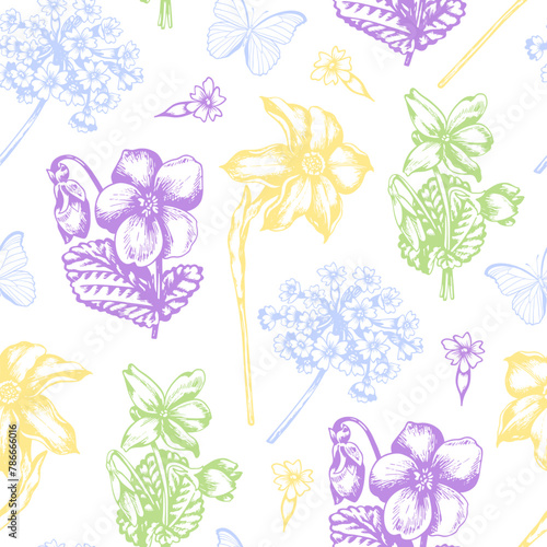 Vintage seamless pattern with violets and daffodil. © artspace