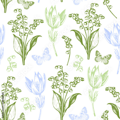 Seamless pattern with spring flowers lily of the valley