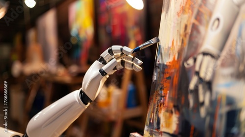 Futuristic robot arm delicately painting with a brush on a colorful canvas.