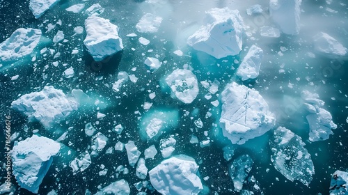 Melting Arctic Ice Floes and Icebergs Amid Climate Crisis and Global Warming Disaster
