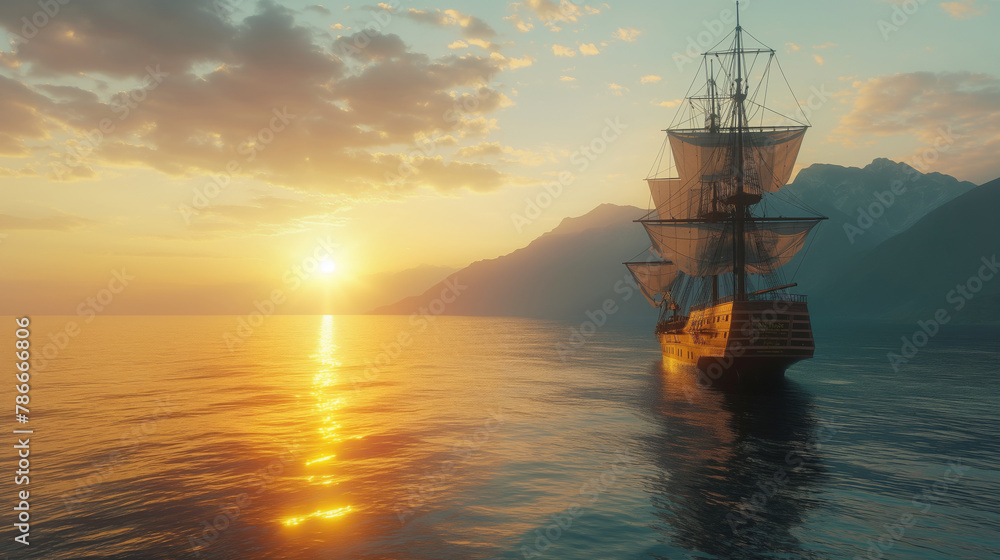 Tall ship sails at sunset, golden light reflects off calm sea. Majestic mountains frame timeless maritime journey