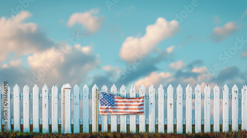American flag hangs on white picket fence, clear blue sky and fluffy clouds evoke classic suburban dream. Symbol of pride and tranquility in home setting