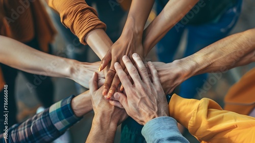 Multiracial Millennial Students Stacking Hands for Community and Team Building photo