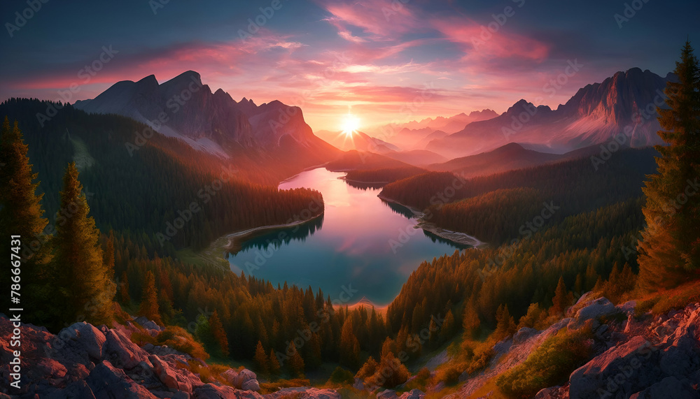 Sunrise Over Serene Mountain Lake Landscape, Idyllic Nature Scenery for 4K Wallpaper, Wall Art, Tranquil Lake Panorama, Travel Poster, Home Decor, Desktop Wallpaper