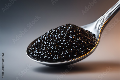 Black caviar. Sturgeon caviar. Black caviar in a metal spoon. A seafood delicacy on a dark background. AI generated