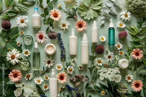 Nourishing Skincare Revelry: Serums, Moisturizers, and Masks Adorned with Fresh Blooms photo