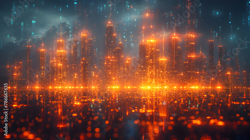 Futuristic cyber city with glowing particles 3D Rendering, Futuristic city at night with reflection in water 3d rendering