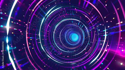 Abstract vector illustration of the wormhole, portal to another dimension with blue lines and colorful circular patterns on a purple background. In the style of retro futurism.