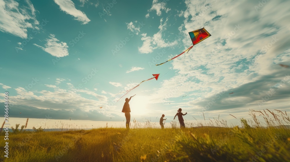 Naklejka premium A group of people are flying kites in a grassy field under the azure sky with fluffy cumulus clouds floating in the atmosphere. AIG41