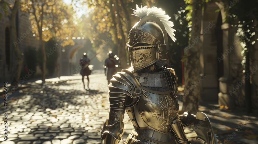 A hyper-realistic photograph of a women full frontal view, in full suit of plate armor A hyper-realistic photograph of a women full frontal view, in full suit of plate armor