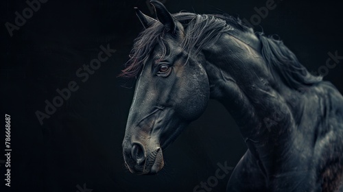 A photo portrait of a black horse, intricate details, dramatic lighting, black background. © vannet