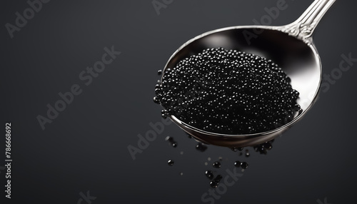 Black caviar. Sturgeon caviar. Black caviar in a metal spoon on a dark background. Copy space