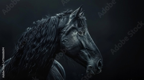 A photo portrait of a black horse, intricate details, dramatic lighting, black background.