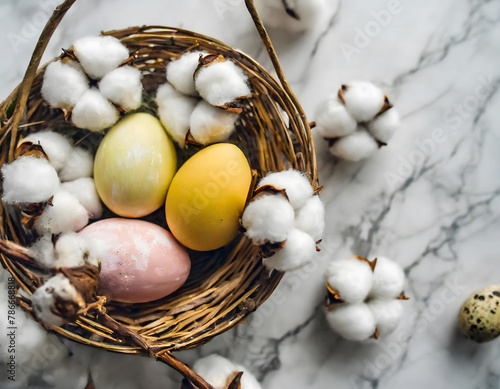 Easter Eggs and Cotton in a Wicker Basket on a Marble Surface