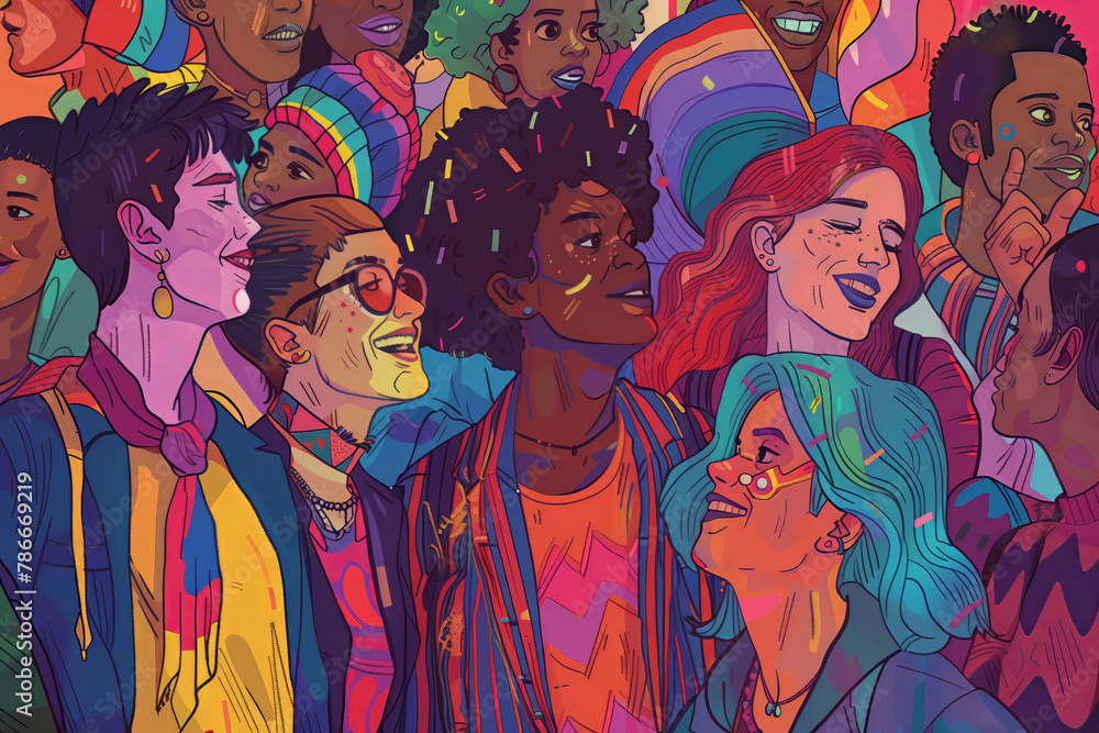 Represent a scene where diverse LGBTQ+ individuals come together to underscore the importance of inclusion and respect for differences 