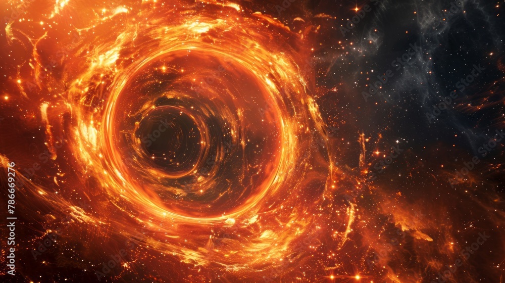 Portal to another world with a fiery glow around. Cosmic wormhole. Space travel concept. Science fiction universe exploration Portal to another world with a fiery glow around. Cosmic wormhole. Space travel concept. Science fiction universe exploration