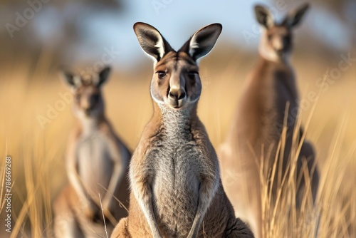 Energetic and charismatic red kangaroos in the Australian outback, Dynamic red kangaroos bounding across the vast Australian outback
