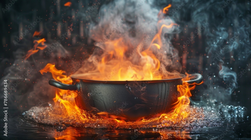 Steaming pot of water, game icon, background is outdoor with flames and smoke, high resolution. Steaming pot of water, game icon, background is outdoor with flames and smoke, high resolution.
