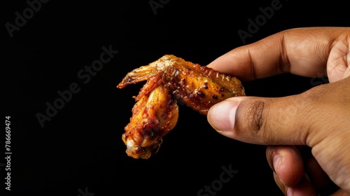 Close-up of a hand holding a single, well-seasoned and spicy grilled chicken wing, perfect for food-related themes.