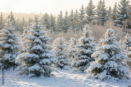 Freshly fallen snow on evergreen trees in a winter wonderland, A serene winter scene where evergreen trees are adorned with freshly fallen snow © SaroStock