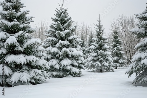 Freshly fallen snow on evergreen trees in a winter wonderland, A serene winter scene where evergreen trees are adorned with freshly fallen snow
