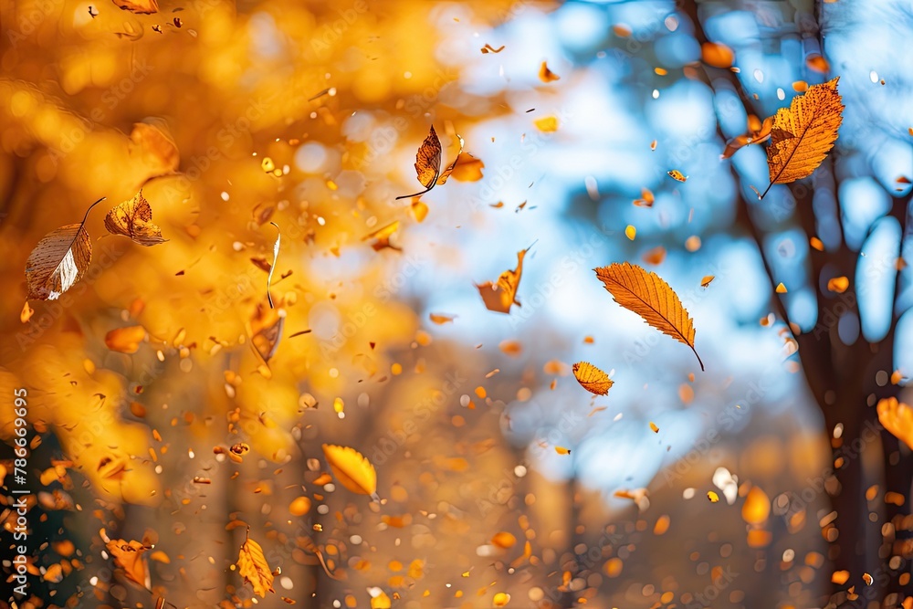 Golden leaves falling from trees in the crisp air of autumn, A picturesque scene of golden leaves cascading from trees against the backdrop of crisp autumn air Golden leaves falling from trees in the crisp air of autumn, A picturesque scene of golden leaves cascading from trees against the backdrop of crisp autumn air