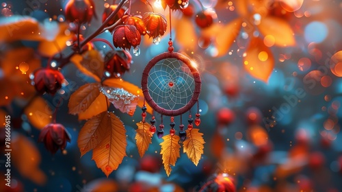 A dream catcher hangs from a tree branch, swaying in the breeze