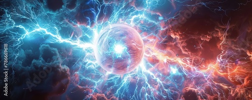A powerful energy sphere emits blue and orange lightning bolts amidst swirling clouds. A sci-fi scene depicting energy, power, and cosmic forces. photo
