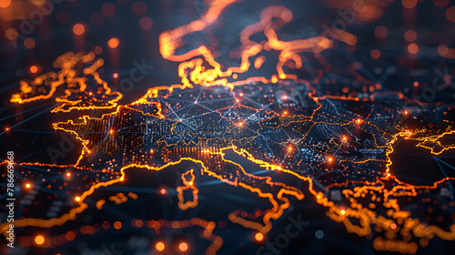 Germany Map Global Network, Blockchain,
Digital World Map Visualization,Glowing World Map on Black Surface

